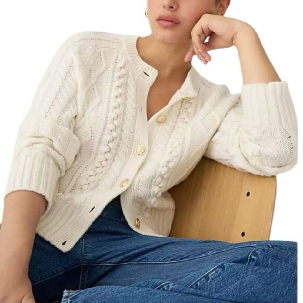 J Crew Sweater L Ivory Wool Blend Cable-Knit Cardigan Lady Jacket Gold Buttons
